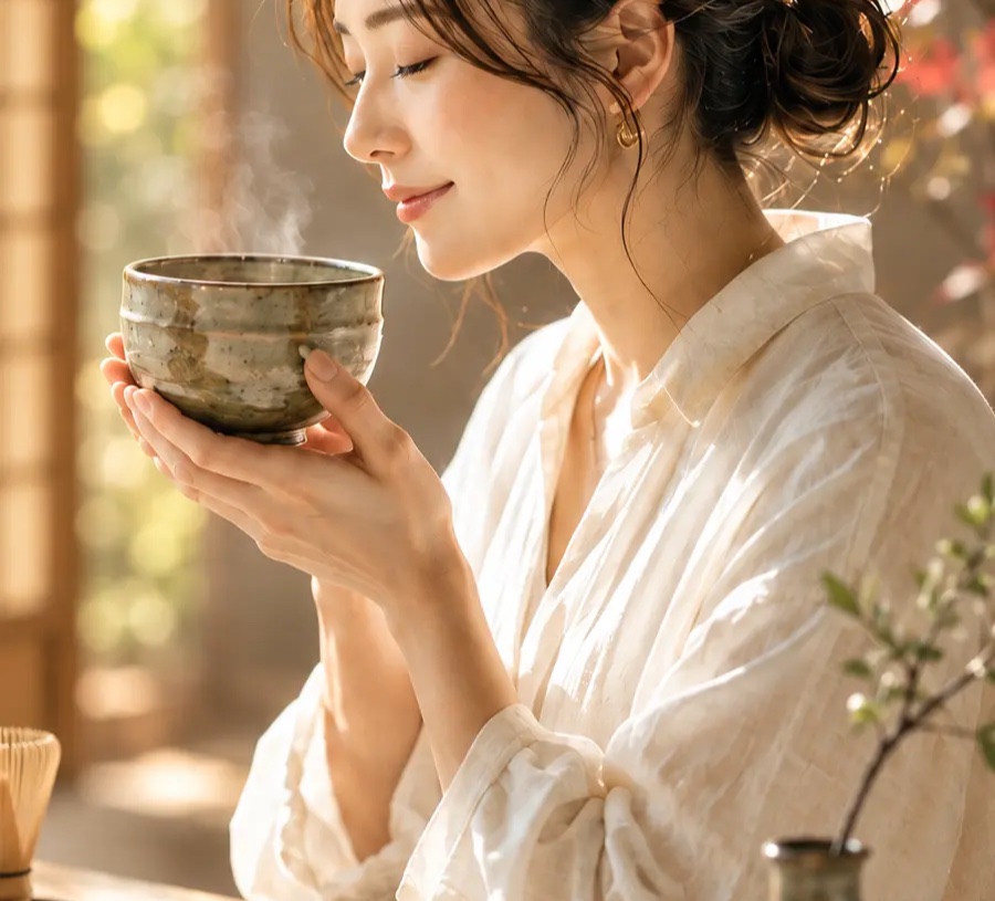 湯気の立つ抹茶茶碗を両手で包み、香りを味わう女性